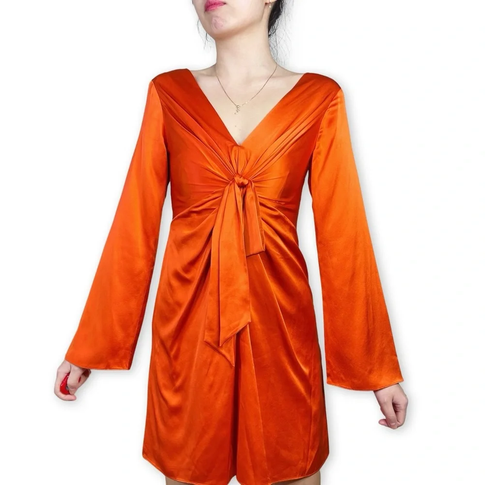Cinq à Sept Caelan Knot Front Silk Dress in Tangerine Orange Size 00 - Picture 13 of 16